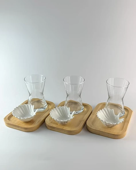 Bambu Altlıklı Çay Bardağı Seti - Lokumluklu Çay Takımı - 3 Kişilik Set, 9 Parça