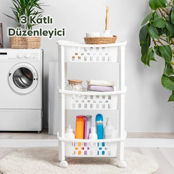 Porsima 78-1 3 Katlı Tekerlekli Organizer Raf  Çok Amaçlı Mutfak Banyo Düzenleyici Raf Ünitesi Beyaz