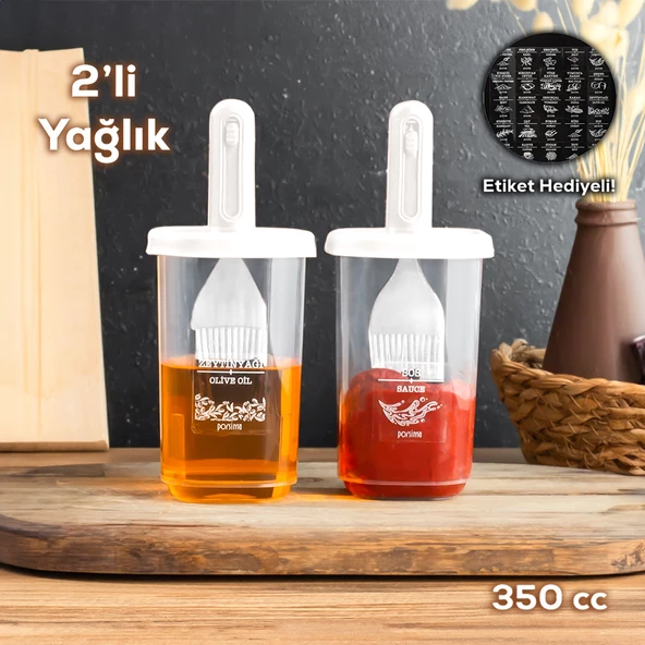 Porsima 0520 2'li Etiketli Silikon Fırçalı Yağlık - Sosluk-Yağdanlık Erzak Saklama Kabı 350cc - Beyaz