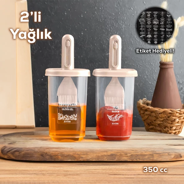 Porsima 0520 2'li Etiketli Silikon Fırçalı Yağlık - Sosluk-Yağdanlık Erzak Saklama Kabı 350cc - Cappuccino