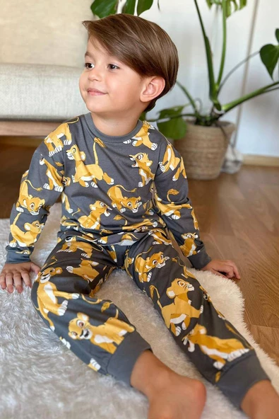 Erkek Çocuk Aslan Kral Baskılı Penye Gri Pijama Takım - 2
