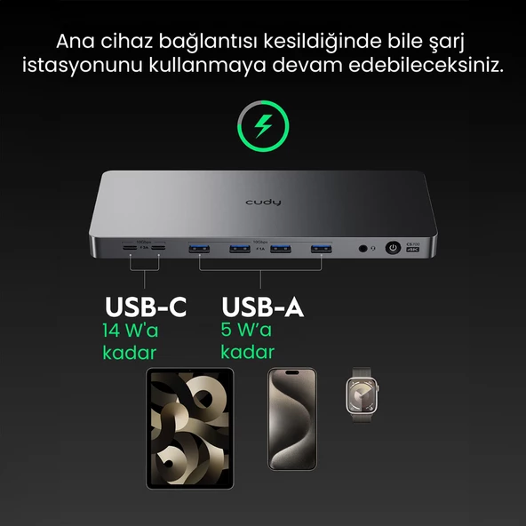 Cudy CS700 Dual 4K 2xHDMI 2xDisplayPort 2xUSB-C(10Gbps) 4xUSB-A 1xGigabit 100W PD Dock İstasyonu - 5