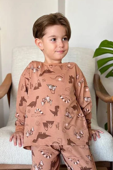 Erkek Çocuk Dinazor ve Ejder Baskılı Kahverengi Pijama Takım - 2