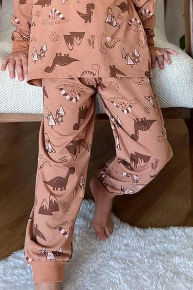 Erkek Çocuk Dinazor ve Ejder Baskılı Kahverengi Pijama Takım - 3