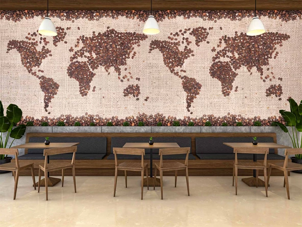 Kahve Çekirdeği Dünya Haritası Duvar Kağıdı Baskı - 3