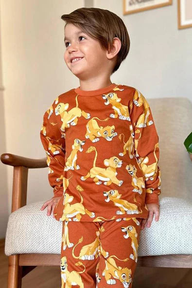 Erkek Çocuk Aslan Kral Baskılı Penye Kiremit Pijama Takım - 3