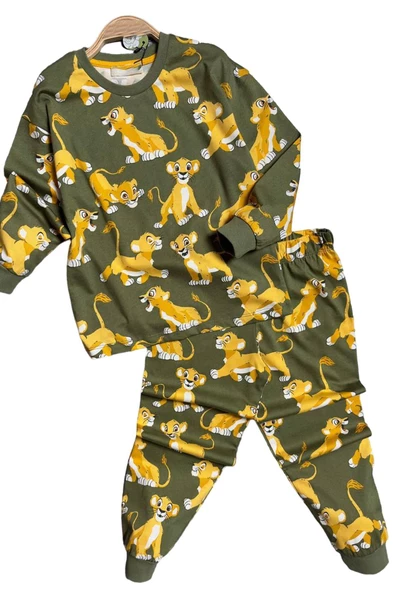 Erkek Çocuk Aslan Kral Baskılı Penye Yeşil Pijama Takım - 4
