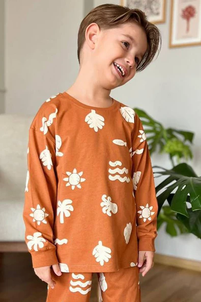 Erkek Çocuk Güneş ve Palmiye Emoji Baskılı Kiremit Pijama Takım - 2