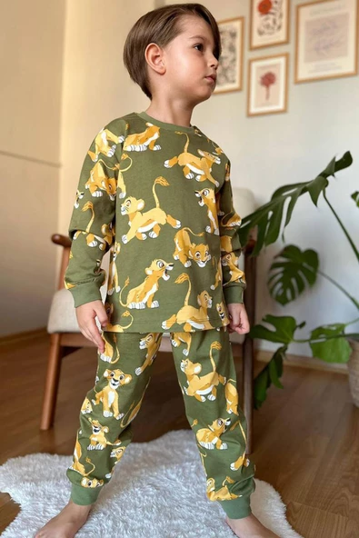 Erkek Çocuk Aslan Kral Baskılı Penye Yeşil Pijama Takım