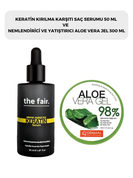 Keratin Kırılma Karşıtı Saç Serumu 50 ml ve Dermal %98 Aloe Vera Jel Saç Cilt ve Vücut İçin Nemlendirici ve Yatıştırıcı 300 ml