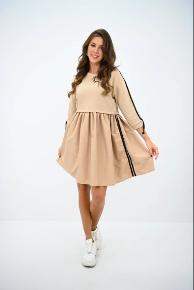 Kadın Kolları Şerit Detaylı Volanlı Etekli Elbise 5273-25 - 9