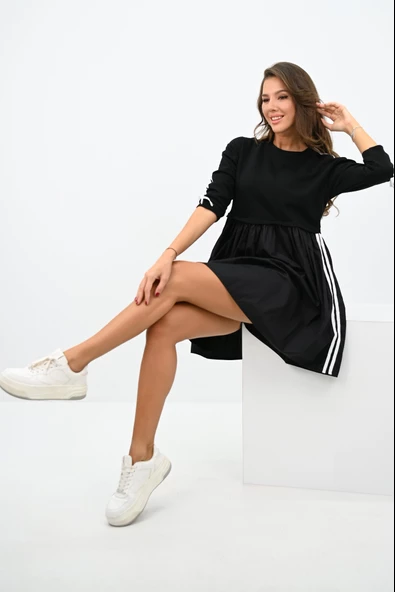 Kadın Kolları Şerit Detaylı Volanlı Etekli Elbise 5273-25 - 3