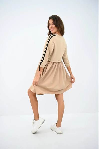 Kadın Kolları Şerit Detaylı Volanlı Etekli Elbise 5273-25 - 12