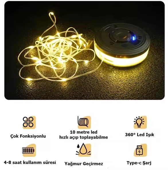 10mt Günışığı + rgb Makara Led - Şarjlı Multi Mod Led + El Feneri - Çadır Kamp LAmbası + powerbank - 5