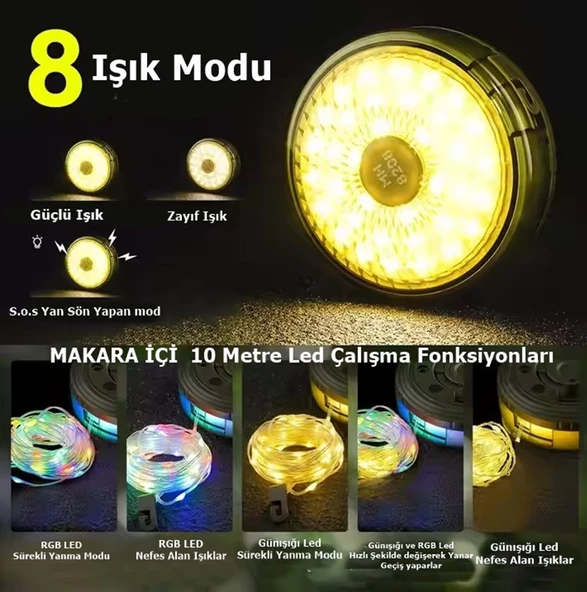 10mt Günışığı + rgb Makara Led - Şarjlı Multi Mod Led + El Feneri - Çadır Kamp LAmbası + powerbank