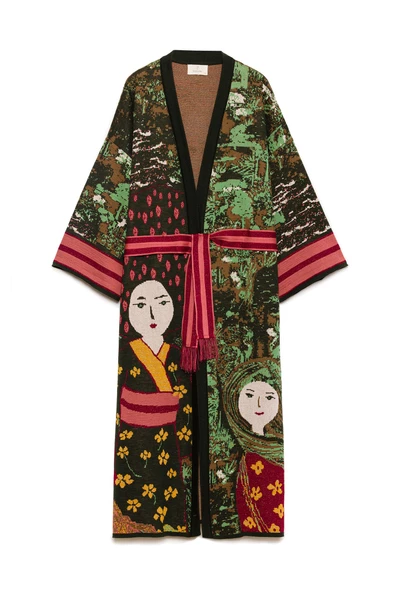 Peraluna Magic Moments Jakarlı Kadın Uzun Triko Kimono - Koyu Yeşil Multi - 9