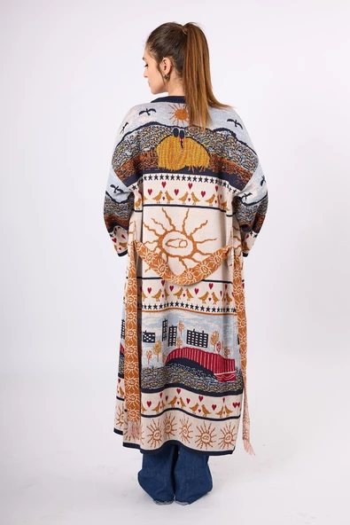 Peraluna Sweet Memories Jakarlı Kadın Uzun Triko Kimono - Lacivert Multi - 2
