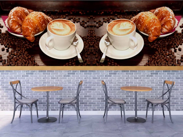 Kahve Kruvasan Cafe Duvar Kağıdı Baskı - 4