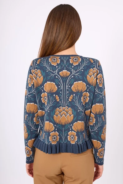 Peraluna Felicity Çiçek Jakarlı Kadın Triko Hırka - İndigo Multi - 9