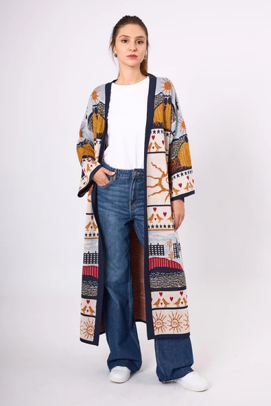 Peraluna Sweet Memories Jakarlı Kadın Uzun Triko Kimono - Lacivert Multi - 7