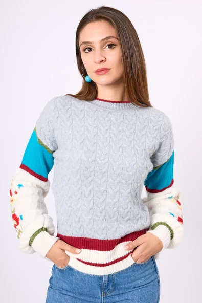 Peraluna Aurora Rahat Kesim Kadın Triko Kazak - Gri/Mavi/Multi - 5