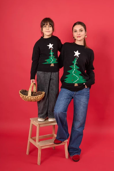 Peraluna Happy Times Çam Ağacı Desenli Unisex Yılbaşı Kazağı - Siyah/Yeşil - 8