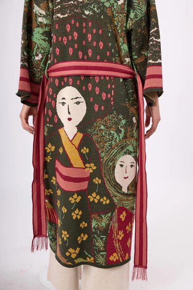 Peraluna Magic Moments Jakarlı Kadın Uzun Triko Kimono - Koyu Yeşil Multi - 7