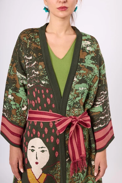 Peraluna Magic Moments Jakarlı Kadın Uzun Triko Kimono - Koyu Yeşil Multi - 4