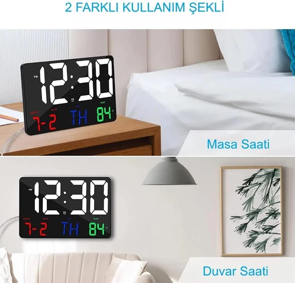 Alfalink Dijital Duvar Saati Renkli Uzaktan Kumandalı Hd LED Ekran Tarih Gün Sıcaklık Alarm USB Dekoratif - 3