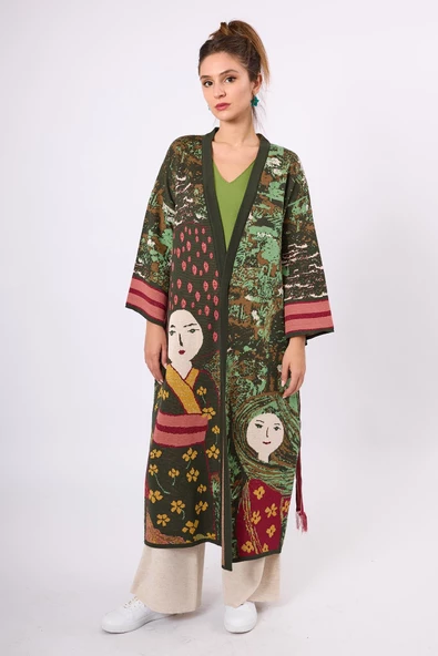 Peraluna Magic Moments Jakarlı Kadın Uzun Triko Kimono - Koyu Yeşil Multi - 8