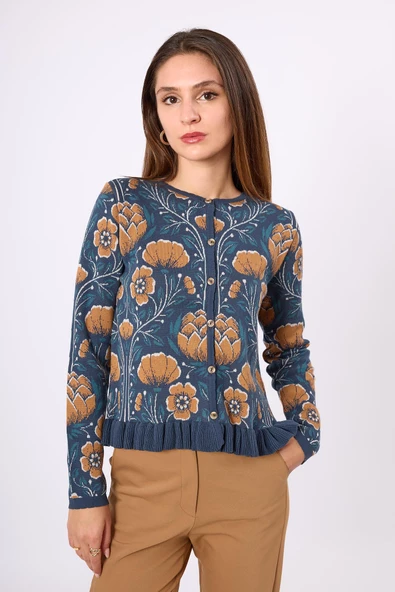 Peraluna Felicity Çiçek Jakarlı Kadın Triko Hırka - İndigo Multi - 2