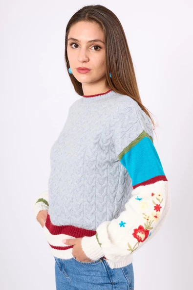 Peraluna Aurora Rahat Kesim Kadın Triko Kazak - Gri/Mavi/Multi - 6