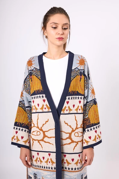 Peraluna Sweet Memories Jakarlı Kadın Uzun Triko Kimono - Lacivert Multi - 6