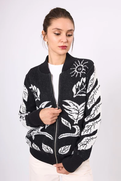 Peraluna Stardust Kadın Triko Bomber Ceket - Siyah/Ekru - 6