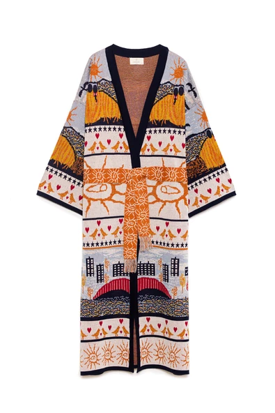 Peraluna Sweet Memories Jakarlı Kadın Uzun Triko Kimono - Lacivert Multi - 10