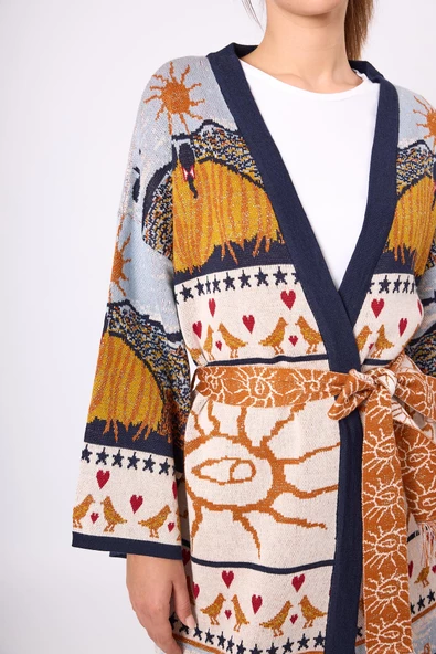 Peraluna Sweet Memories Jakarlı Kadın Uzun Triko Kimono - Lacivert Multi - 4