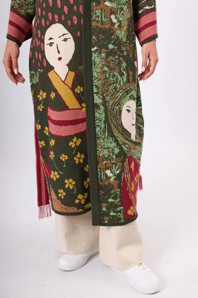 Peraluna Magic Moments Jakarlı Kadın Uzun Triko Kimono - Koyu Yeşil Multi - 5
