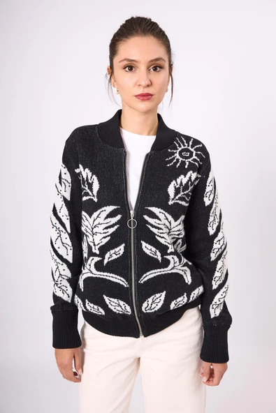 Peraluna Stardust Kadın Triko Bomber Ceket - Siyah/Ekru - 2