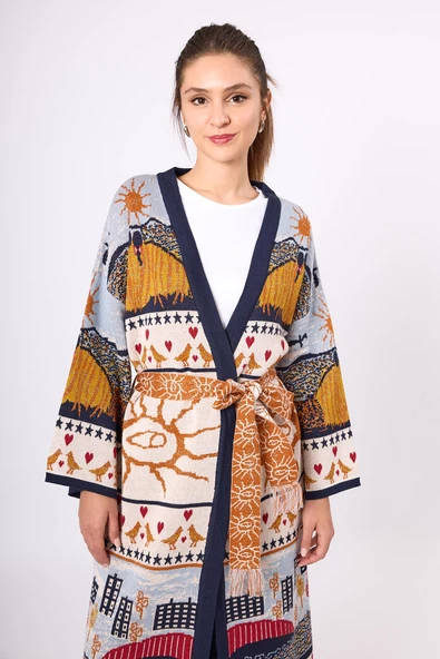 Peraluna Sweet Memories Jakarlı Kadın Uzun Triko Kimono - Lacivert Multi - 3