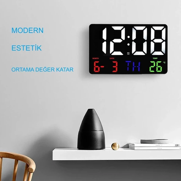 Alfalink Dijital Duvar Saati Renkli Uzaktan Kumandalı Hd LED Ekran Tarih Gün Sıcaklık Alarm USB Dekoratif - 4