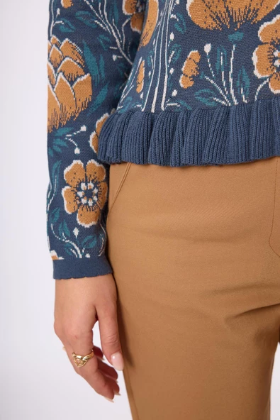 Peraluna Felicity Çiçek Jakarlı Kadın Triko Hırka - İndigo Multi - 7