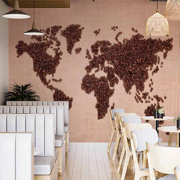 Kahve Çekirdeği Dünya Haritası Duvar Kağıdı Baskı - 2