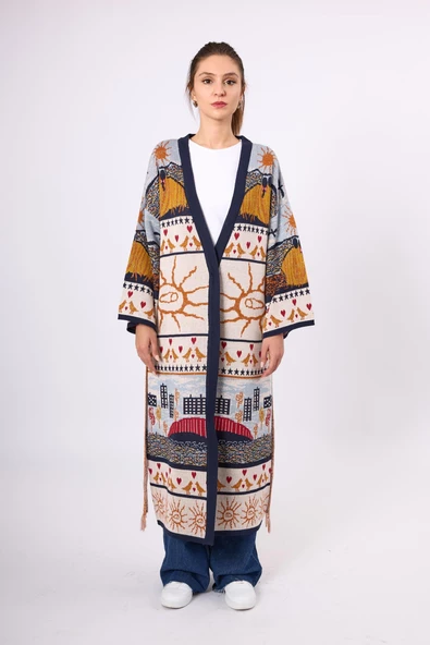 Peraluna Sweet Memories Jakarlı Kadın Uzun Triko Kimono - Lacivert Multi