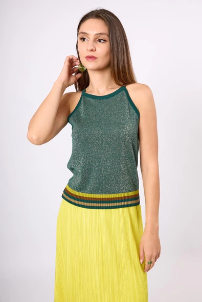 Peraluna Delight Halter Yaka Çizgili Simli Kadın Triko Bluz - Zümrüt Multi - 2