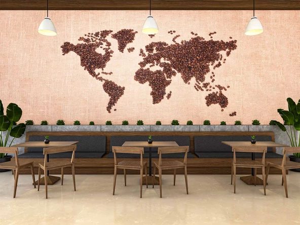 Kahve Çekirdeği Dünya Haritası Duvar Kağıdı Baskı - 3