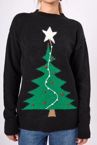 Peraluna Happy Times Çam Ağacı Desenli Unisex Yılbaşı Kazağı - Siyah/Yeşil - 5