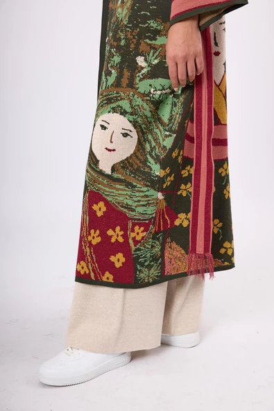 Peraluna Magic Moments Jakarlı Kadın Uzun Triko Kimono - Koyu Yeşil Multi - 6