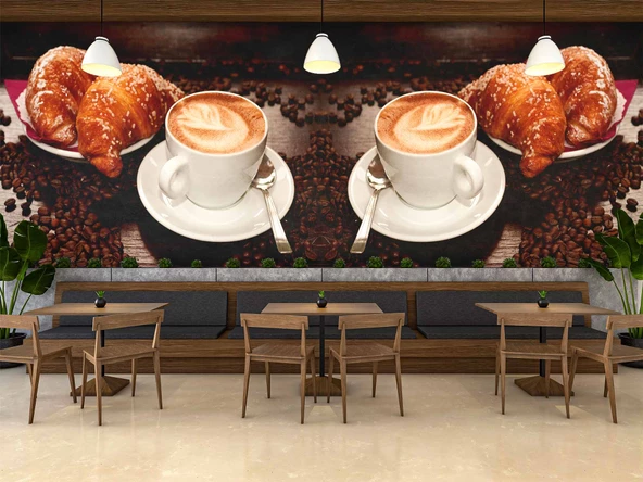 Kahve Kruvasan Cafe Duvar Kağıdı Baskı - 3