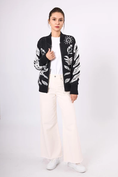 Peraluna Stardust Kadın Triko Bomber Ceket - Siyah/Ekru - 8