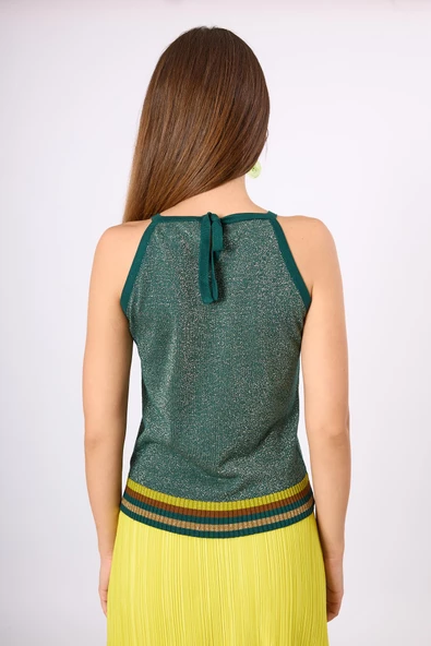 Peraluna Delight Halter Yaka Çizgili Simli Kadın Triko Bluz - Zümrüt Multi - 6